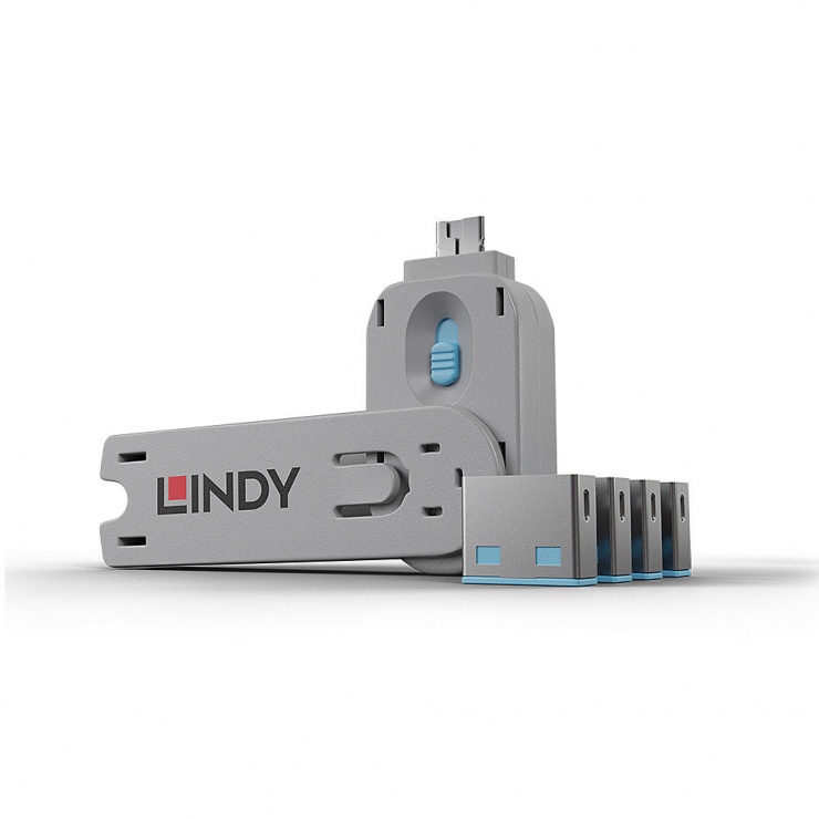 Sistem de blocare Port USB cheie + 4 incuietori Bleu, Lindy L40452 imagine noua