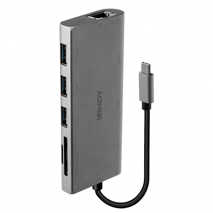 Docking station USB 3.1-C la VGA / HDMI 4K@30Hz / Gigabit LAN / 3 x USB 3.0-A / 1 x microSD / 1 x SD, Lindy L43278 conectica.ro