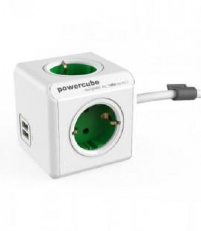 Prelungitor in forma de cub powercube extended 4 prize si 2 x usb 1.5m verde, allocacoc
