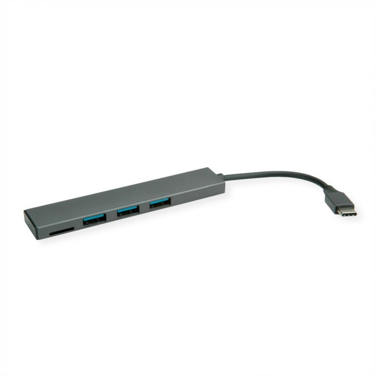 HUB ultra slim USB 3.2 Gen 1-C la 3 x USB-A + cititor carduri microSD, Roline 14.02.5051 1-C imagine noua tecomm.ro