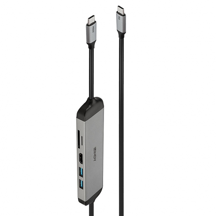Docking station USB 3.2 Type C la HDMI 4K30Hz/2 x USB-A/Card reader PD 100W 1.4m, Lindy L43326 conectica.ro