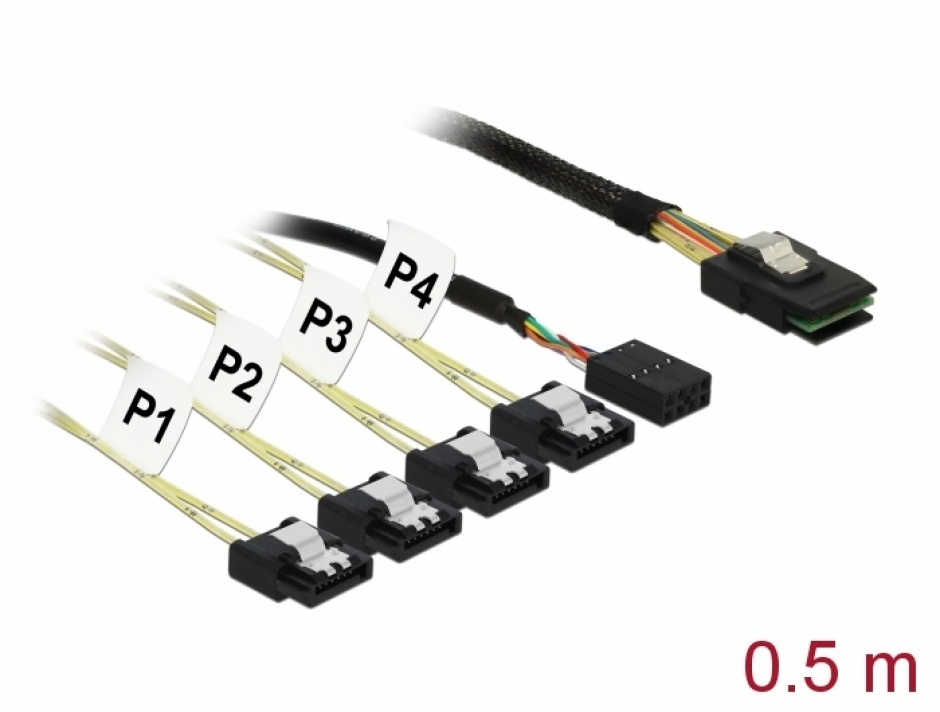 Cablu Mini SAS SFF-8087 > 4 x SATA 7 pin Reverse + Sideband 0.5m, Delock 83318 conectica.ro