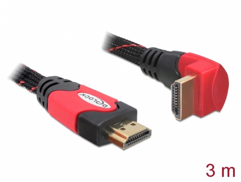 Cablu HDMI 4K v1.4 unghi 90 grade T-T 3m rosu, Delock 82687 conectica.ro
