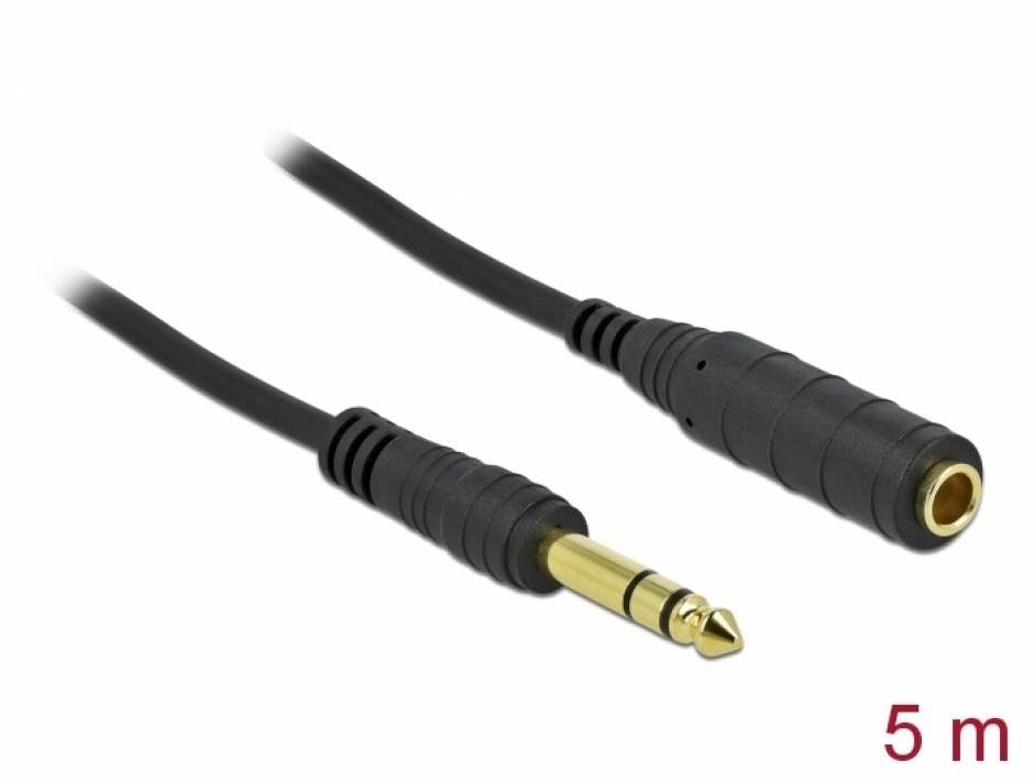 Cablu prelungitor audio jack stereo 6.3mm 3 pini T-M 5m Negru, Delock 86767 6.3mm imagine noua