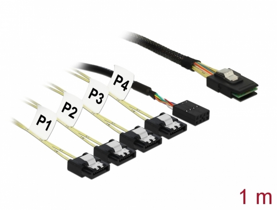 Cablu Mini SAS SFF-8087 > 4 x SATA 7 pin Reverse + Sideband 1m, Delock 83319 conectica.ro imagine noua 2022
