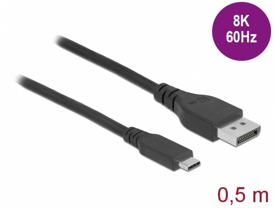 Cablu bidirectional USB Type-C la DisplayPort (DP Alt Mode) 8K60Hz 0.5m (DP 8K certificat), Delock 86037 conectica.ro