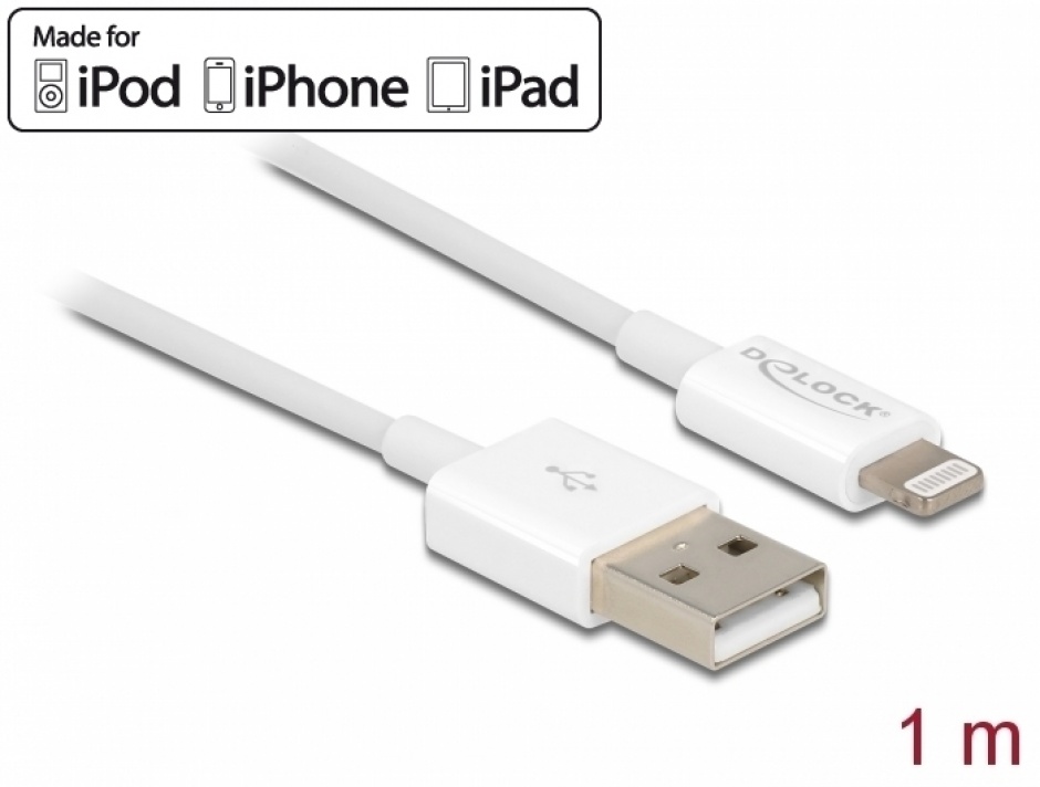Cablu de date si incarcare iPhone/iPad/iPod Lightning MFI 1m Alb, Delock 83000 83000 imagine noua 2022