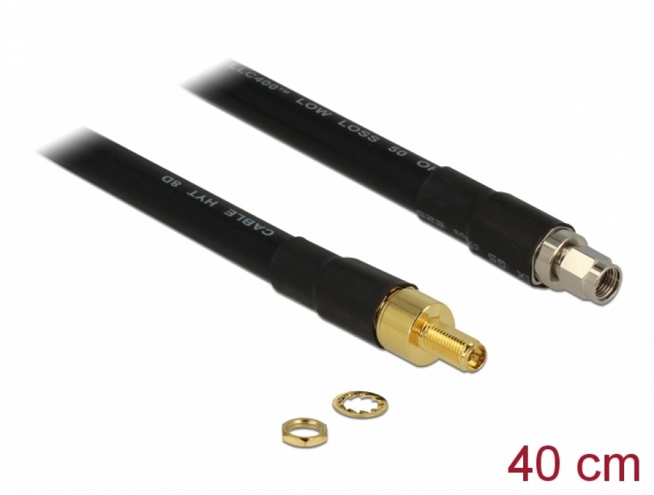 Cablu RP-SMA plug la RP-SMA jack CFD400 LLC400 0.4m low loss, Delock 13012 conectica.ro imagine noua tecomm.ro