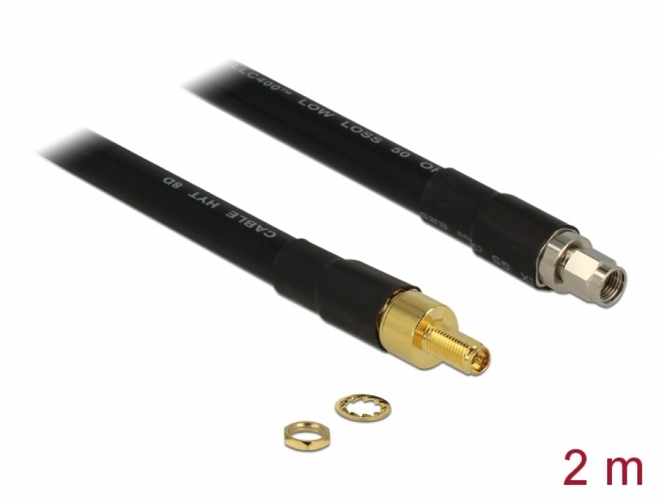 Cablu antena RP-SMA plug la RP-SMA jack CFD400 LLC400 2m low loss, Delock 13014 conectica.ro