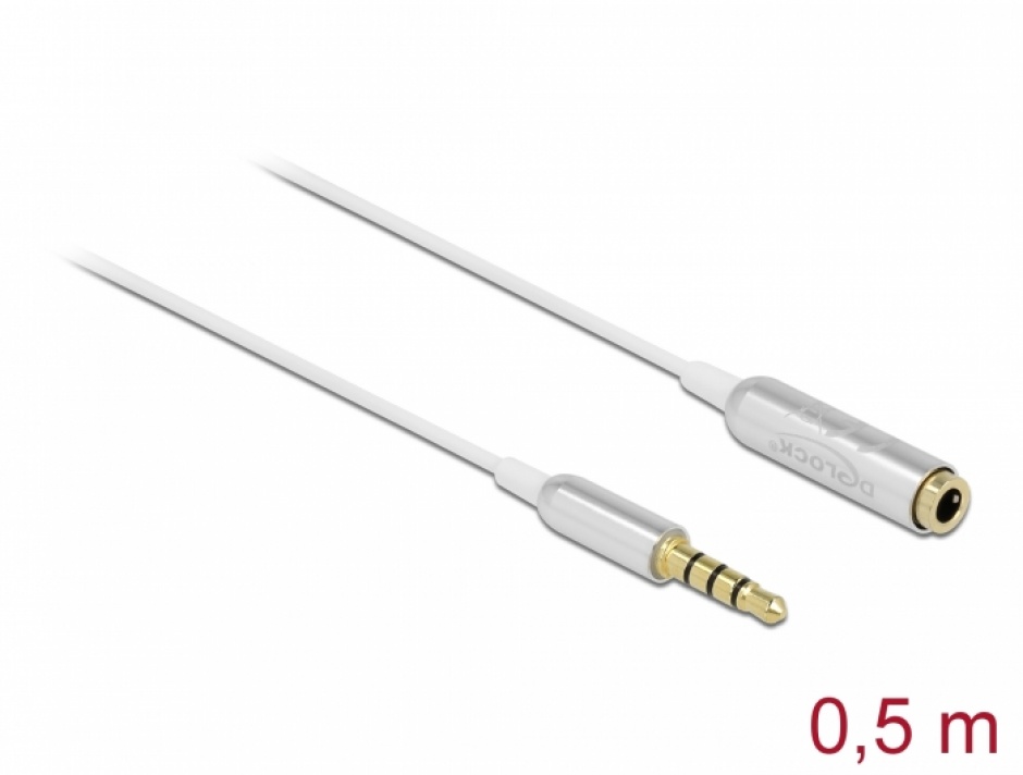 Cablu prelungitor Ultra Slim jack stereo 3.5mm 4 pini T-M 0.5m Alb, Delock 66072 conectica.ro