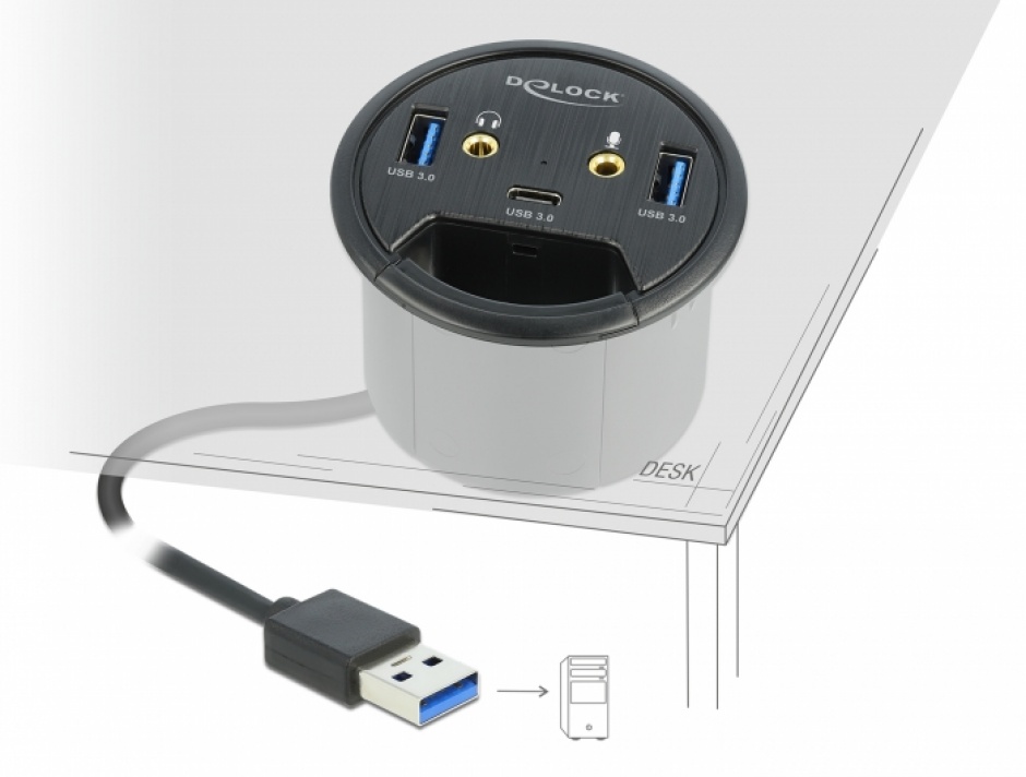 HUB in desk USB 3.2 Gen 1-A la 1 x USB-C + 2 x USB-A + 2 x jack stereo 3.5mm, Delock 62794 conectica.ro