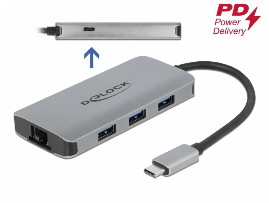 HUB USB 3.2 Gen 1-C la 3 x USB-A + Gigabit LAN + alimentare PD, Delock 63252 conectica.ro