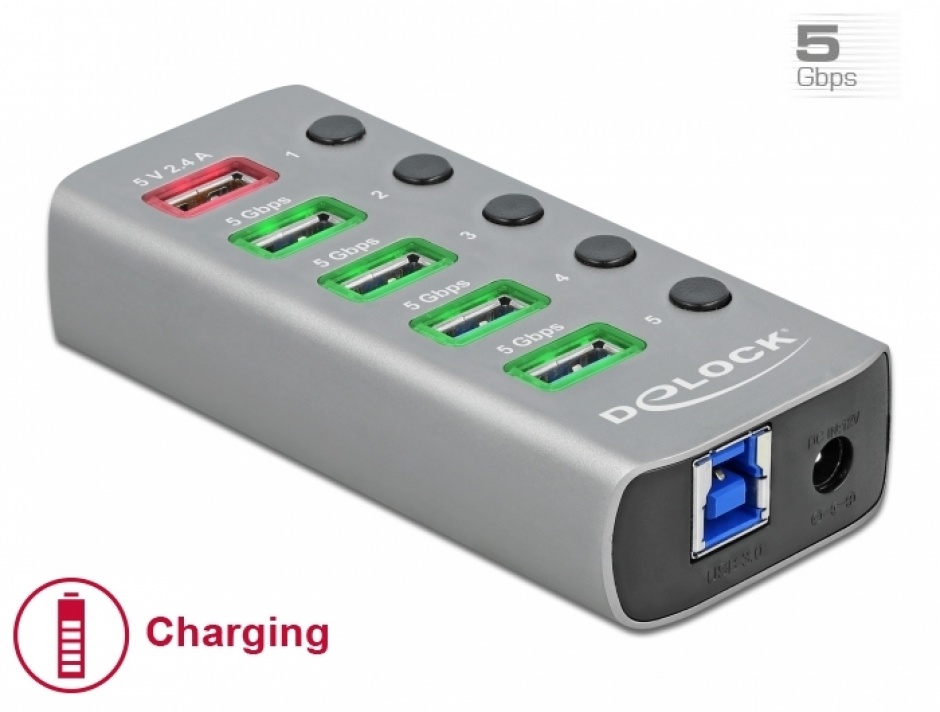 HUB USB 3.2 Gen 1 cu 4 porturi + 1 Fast Charging cu iluminare + switch ON/Off, Delock 63262 conectica.ro