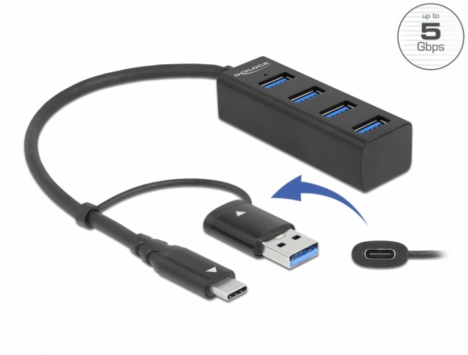 HUB USB 3.2 Gen1 A+C la 4 x USB-A, Delock 63828 Delock conectica.ro imagine 2022 3foto.ro
