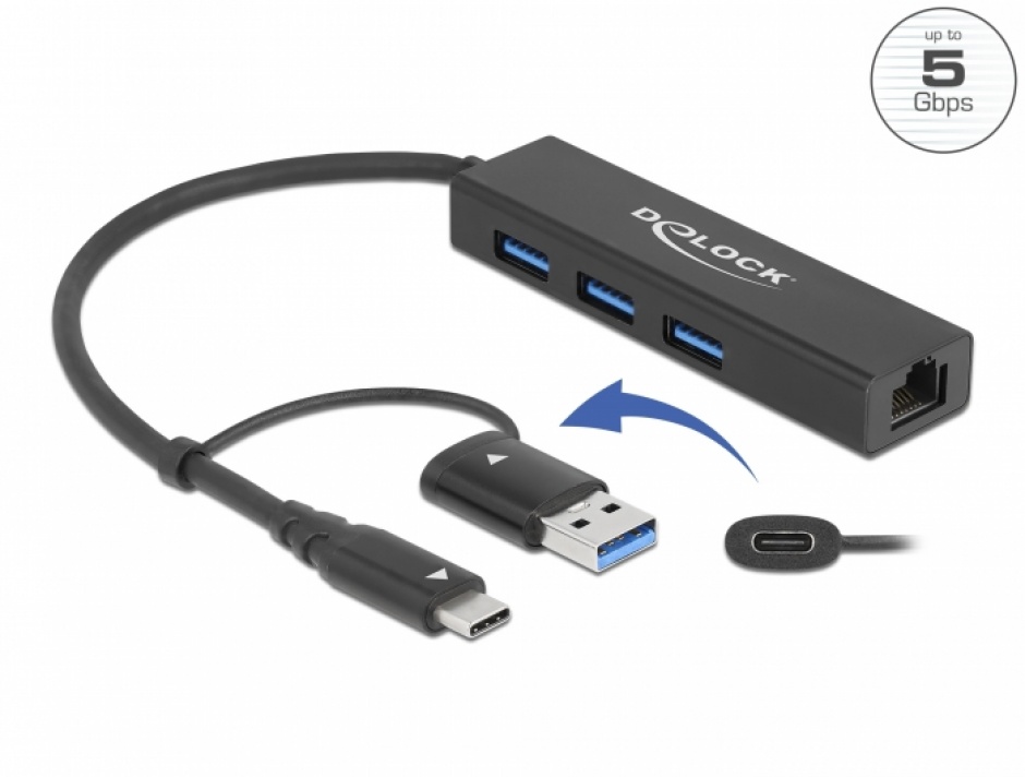 HUB USB 3.2 Gen1 A+C la 3 x USB-A + Gigabit LAN, Delock 64149 Delock conectica.ro imagine 2022 3foto.ro