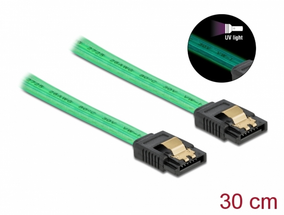 Cablu SATA III 6 Gb/s UV glow effect 30cm Verde, Delock 82064 conectica.ro