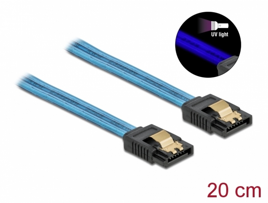 Cablu SATA III 6 Gb/s UV glow effect 20cm Albastru, Delock 82121 conectica.ro