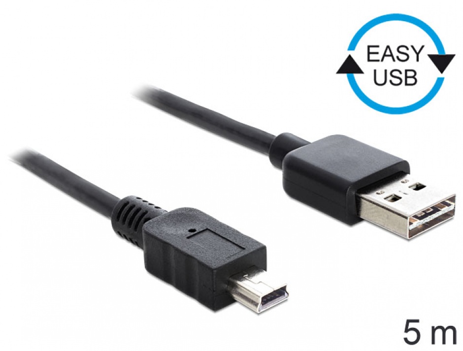 Cablu EASY-USB 2.0-A la mini USB T-T 5m Negru, Delock 83365 conectica.ro