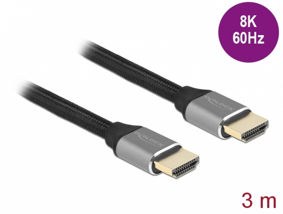 Cablu Ultra High Speed HDMI 48 Gbps 8K60Hz/4K240Hz 3m Gri Certificat, Delock 83997 conectica.ro