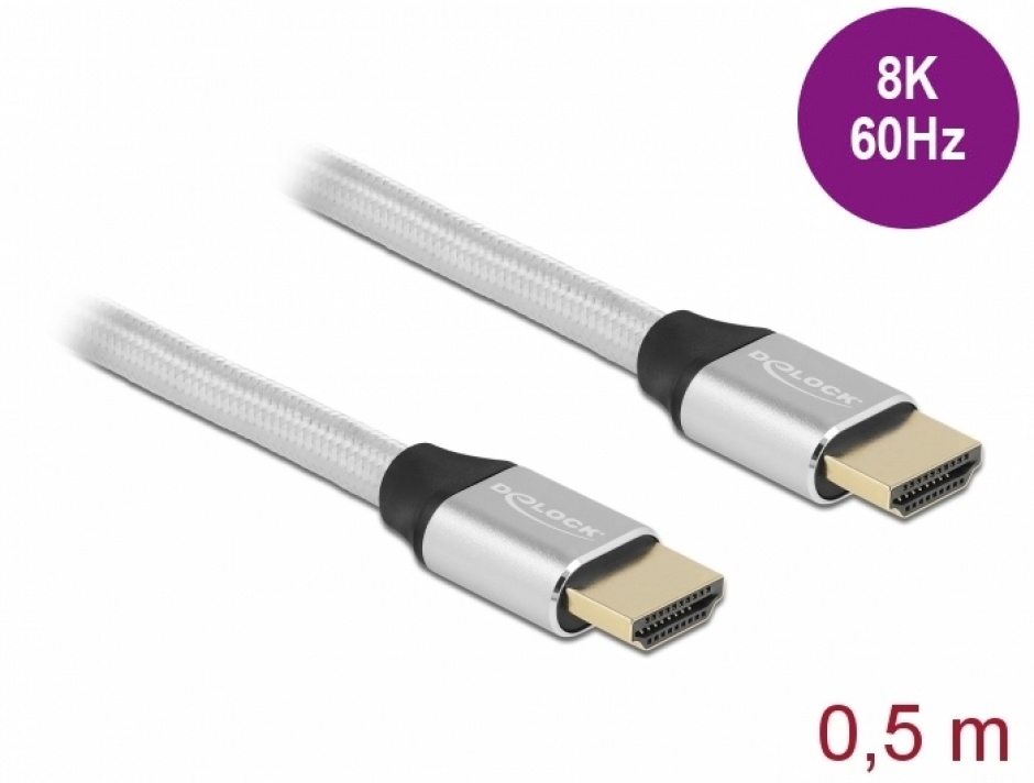 Cablu Ultra High Speed HDMI 48 Gbps 8K60Hz/4K240Hz 0.5m Silver Certificat, Delock 85365 0.5m imagine noua 2022