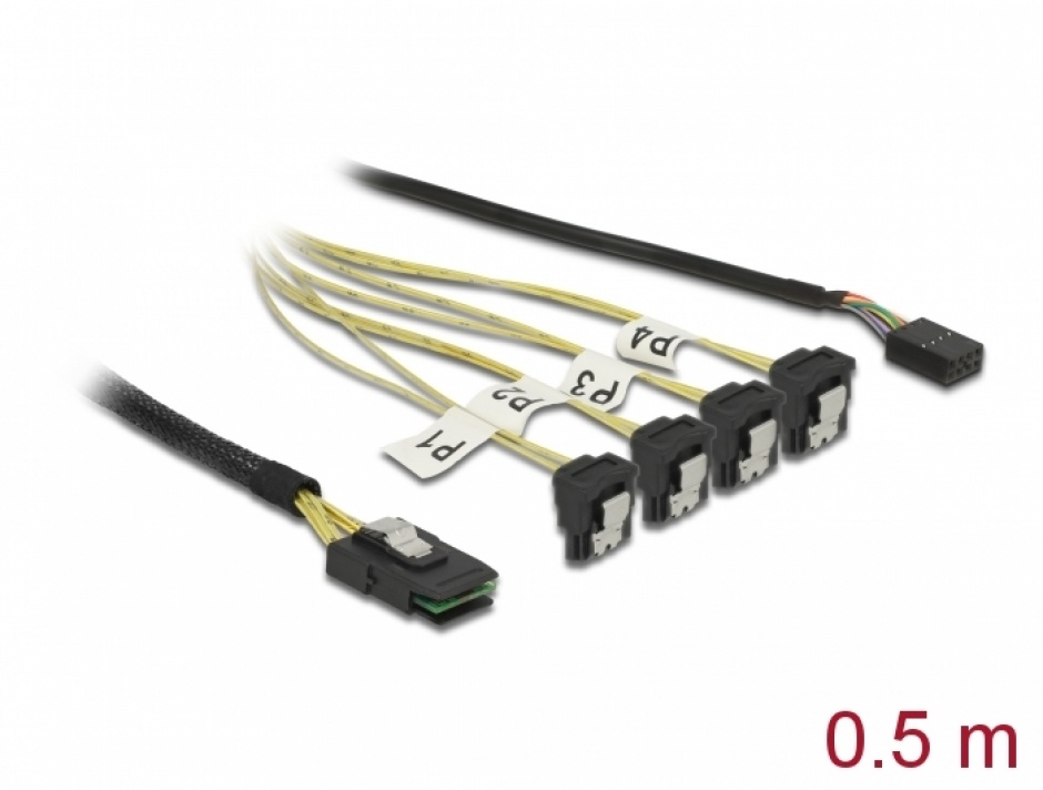 Cablu Mini SAS SFF-8087 la 4 x SATA 7 Pini + Sideband 0.5m, Delock 85683 conectica.ro imagine noua 2022