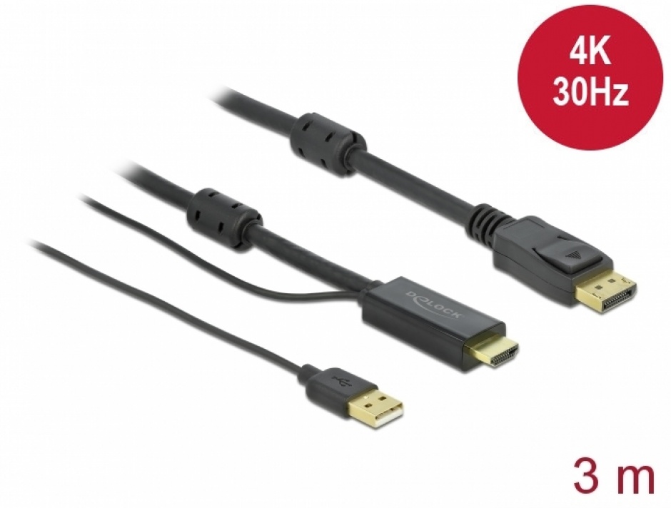 Cablu HDMI la DisplayPort 4K30Hz cu alimentare USB T-T 3m, Delock 85965 imagine noua