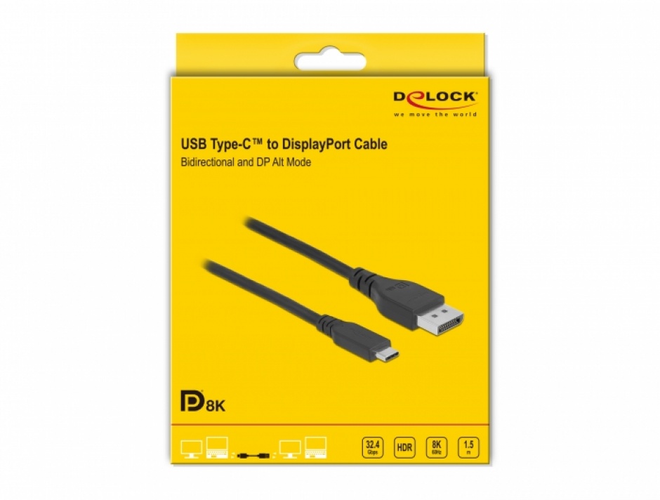 Cablu bidirectional USB Type-C la DisplayPort (DP Alt Mode) 8K60Hz/4K240Hz 1.5m (DP 8K certificat), Delock 86040