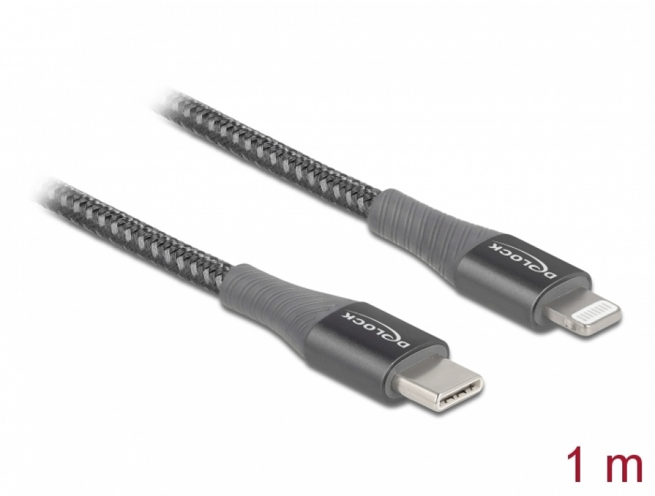 Cablu de date si incarcare USB Type-C la Lightning MFI Gri 1m, Delock 86631 imagine noua