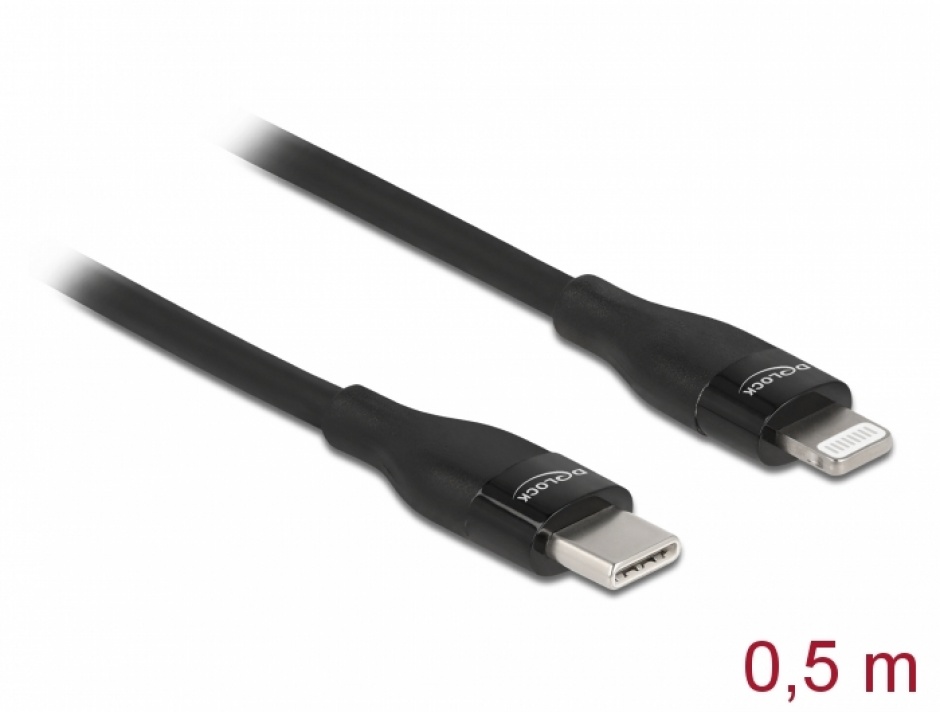 Cablu de date si incarcare USB Type-C la Lightning MFI 0.5m Negru, Delock 86636 imagine noua