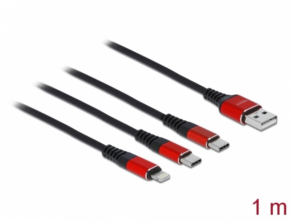 Cablu de incarcare 3 in 1 USB-A la Lightning / 2 x USB-C T-T 1m, Delock 86709 conectica.ro