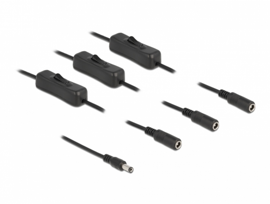 Cablu de alimentare DC 5.5 x 2.1 mm la 3 x DC 5.5 x 2.1 mm T-M cu switch On/Off 1m, Delock 86795 conectica.ro
