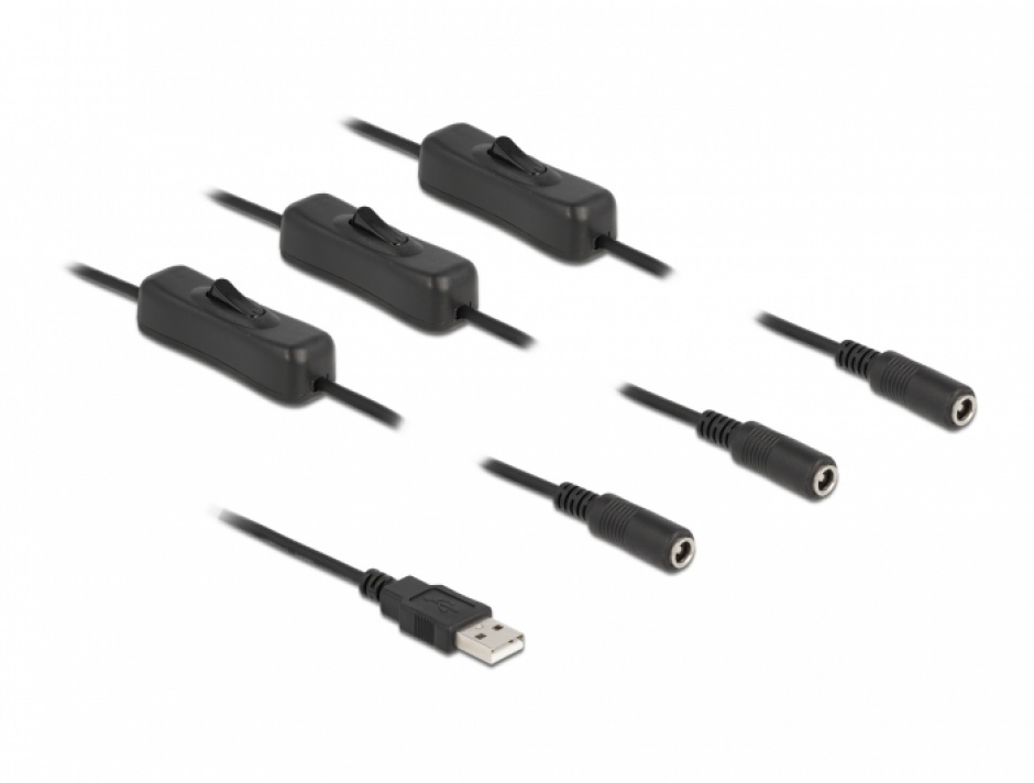 Cablu de alimentare USB-A la 3 x DC 5.5 x 2.1 mm T-M cu switch On/Off 1m, Delock 86798 conectica.ro