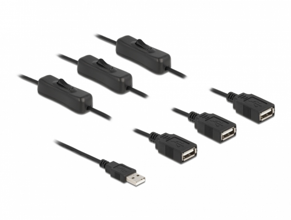 Cablu de alimentare USB-A la 3 x USB-A T-M cu switch On/Off 1m, Delock 86804 Delock conectica.ro imagine 2022 3foto.ro