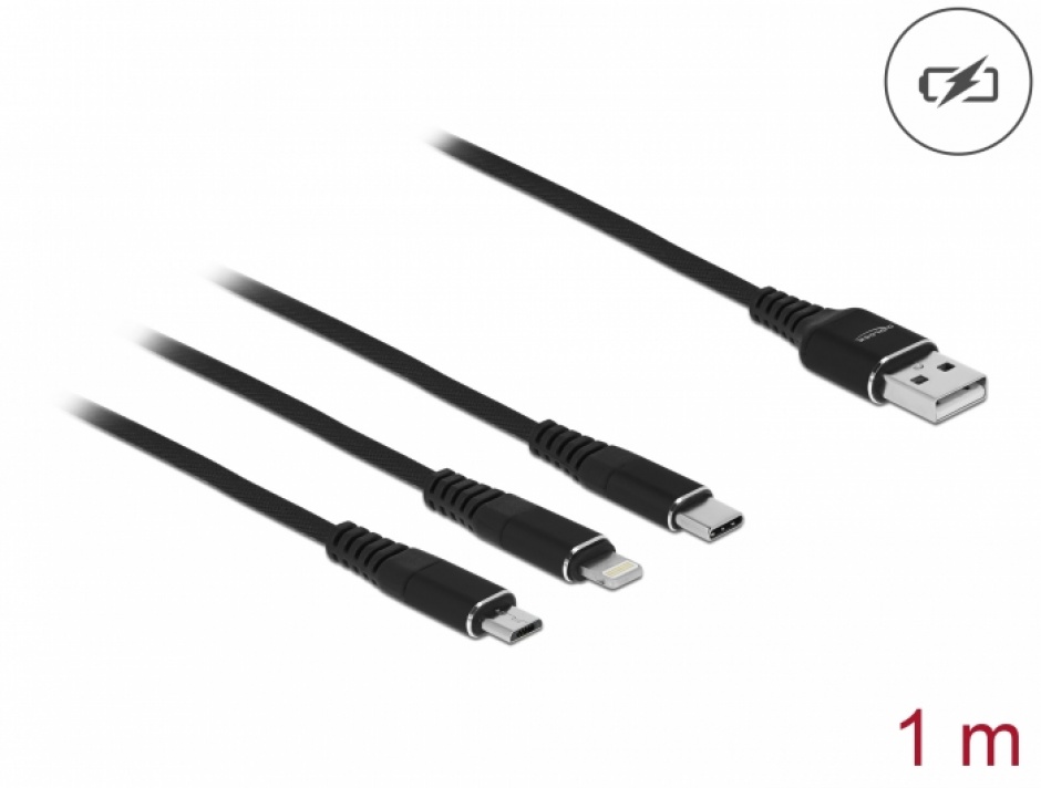 Cablu de incarcare USB-A la Lightning / Micro USB / USB Type C 1m Negru, Delock 87155 Delock 87155 imagine 2022 3foto.ro