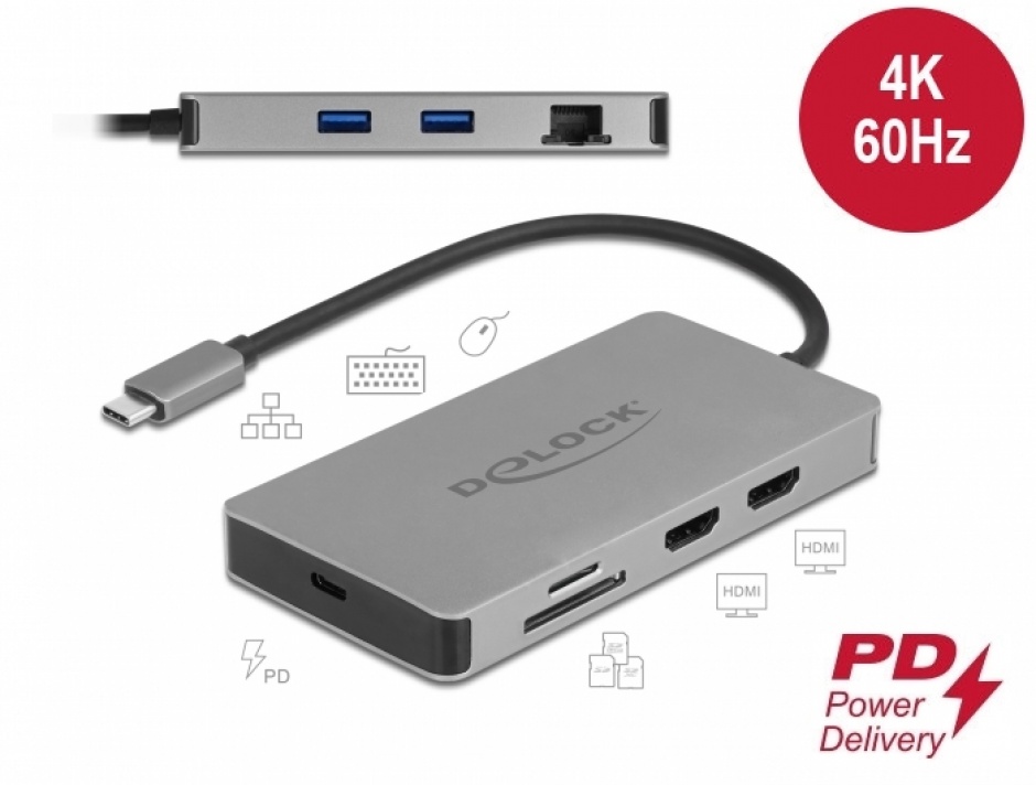 Docking station usb type c la dual hdmi 4k60hz mst / usb 3.2 / sd / lan / pd 3.0, delock 87774