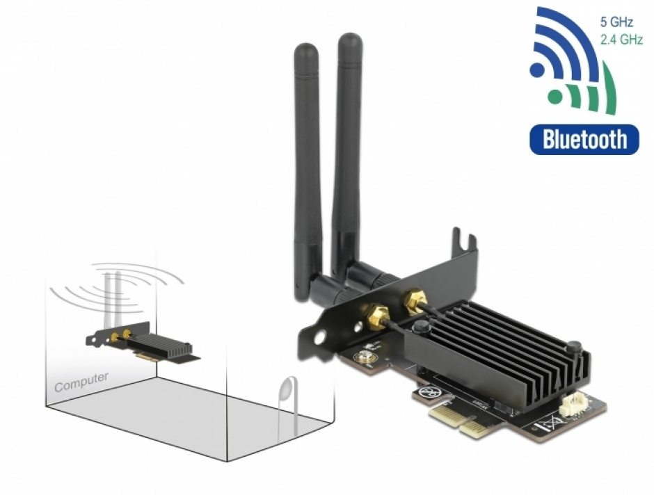 PCI Express Dual band Wi-Fi 6 WLAN ax/ac/a/b/g/n 2400 Mbps + Bluetooth 5.1, Delock 89049 Delock conectica.ro imagine 2022 3foto.ro