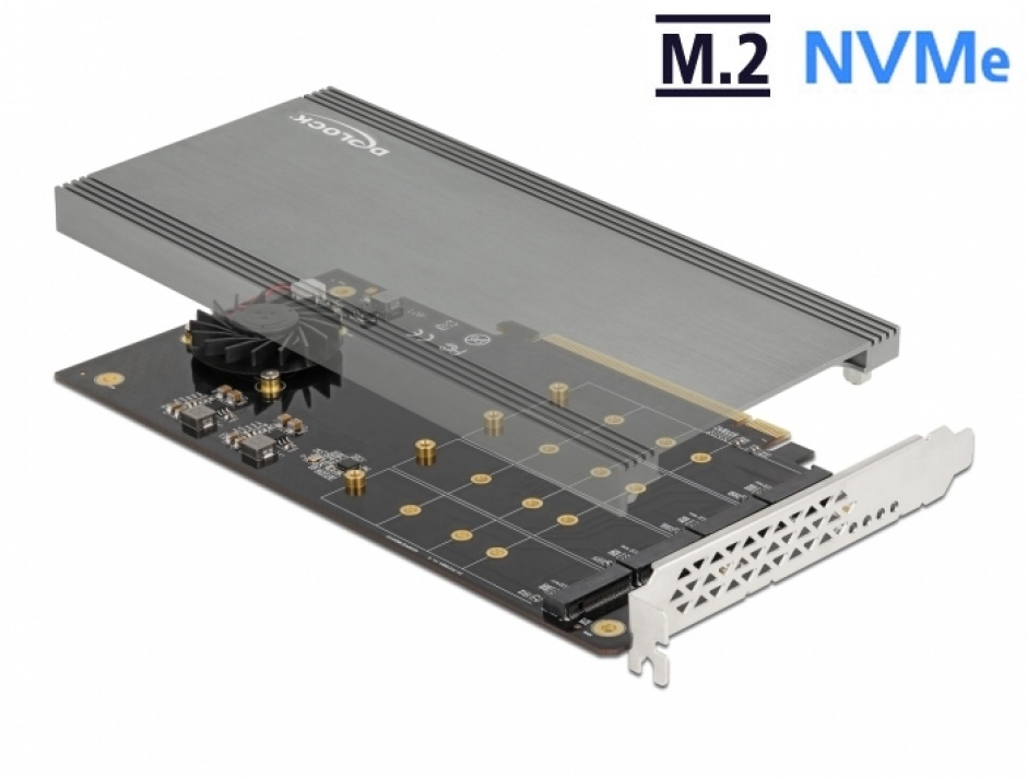 PCI Express cu 4 x slot NVMe M.2 interne cu radiator si ventilator – Bifurcare, Delock 90050 conectica.ro