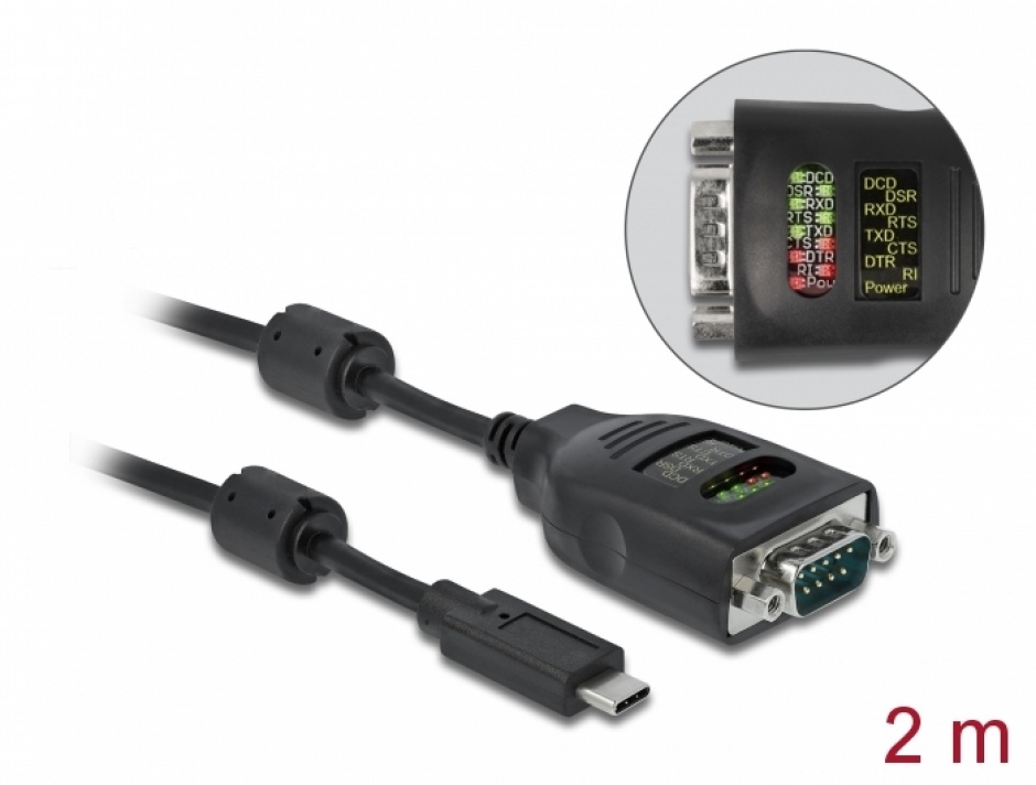Cablu USB type C la Serial RS-232 DB9 FTDI cu LED 2m, Delock 90414 conectica.ro