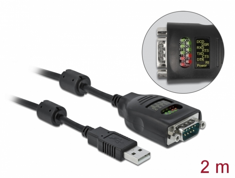 Cablu USB-A la Serial RS-232 DB9 FTDI cu LED 2m, Delock 90497 conectica.ro