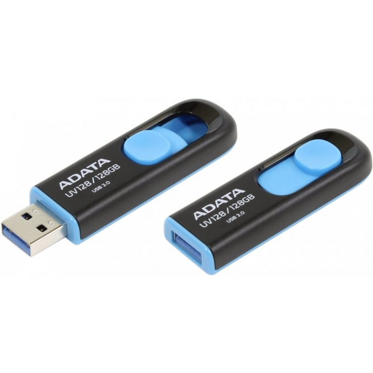 Stick USB 3.1 128GB UV128 retractabil Negru/Bleu, ADATA AUV128-128G-RBE imagine noua