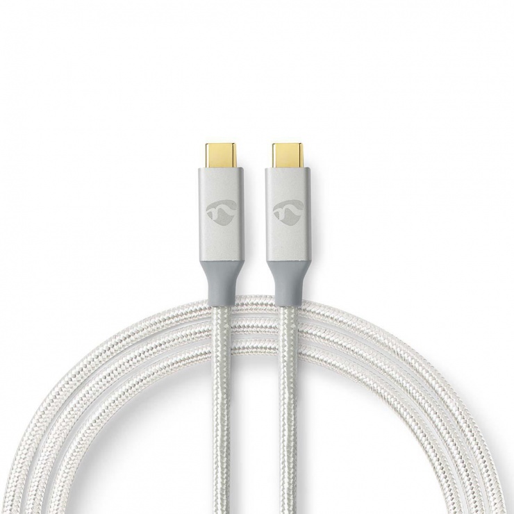 Cablu USB 3.2-C Gen 2 T-T 20Gb/s 5A/100W 1m brodat Argintiu, Nedis CCTB64020AL10 20Gb/s imagine noua tecomm.ro