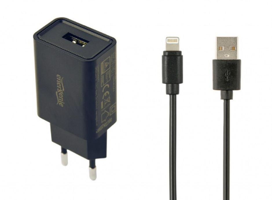 Incarcator priza 1 x USB-A 5V / 2.1A + cablu USB Lightning, Gembird EG-UCSET-8P-MX-black