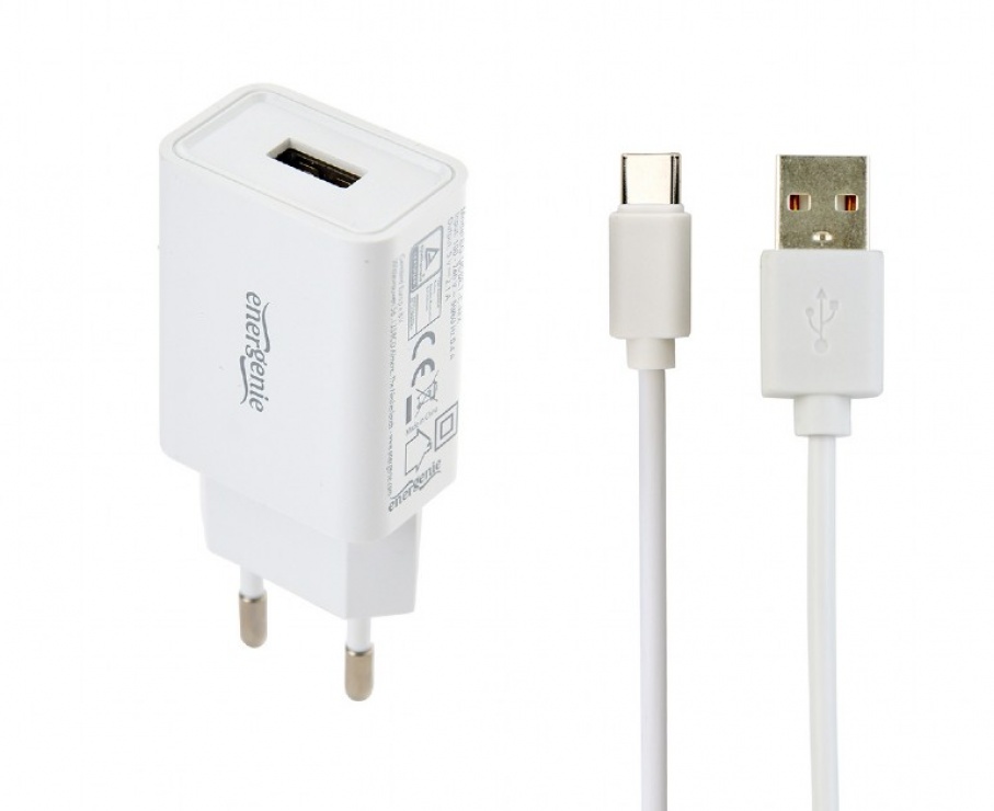 Incarcator priza 1 x USB-A 5V / 2.1A + cablu USB type C, Gembird EG-UCSET-C-MX-White