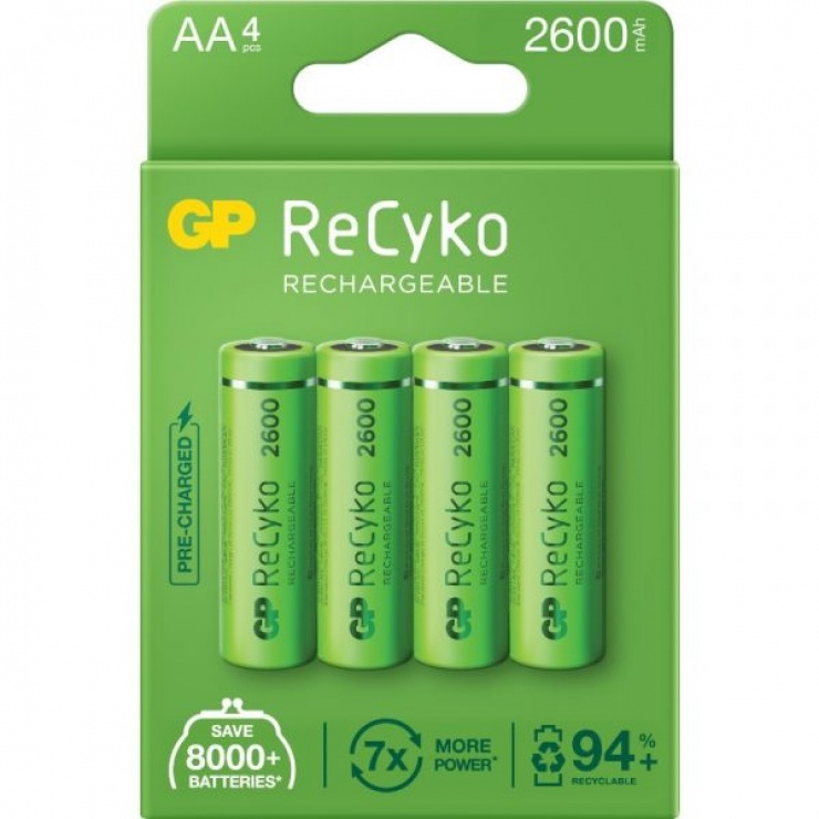 Set 4 acumulatori recyko 2600mah aa (lr6) 1.2v nimh, gp batteries
