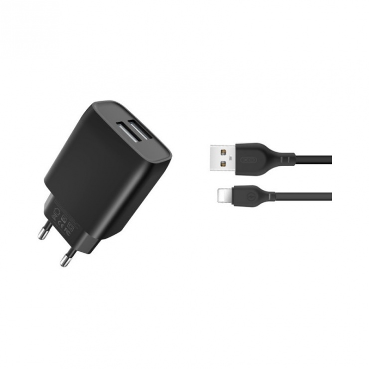 Incarcator priza 2 x usb 2a + cablu lightning negru, xo l57
