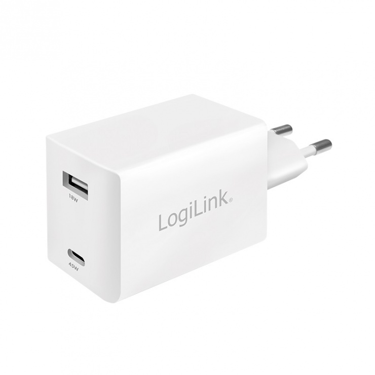 Incarcator priza 1 x USB-C + 1 x USB-A 3A/45W Alb, Logilink PA0230 LogiLink conectica.ro imagine 2022 3foto.ro