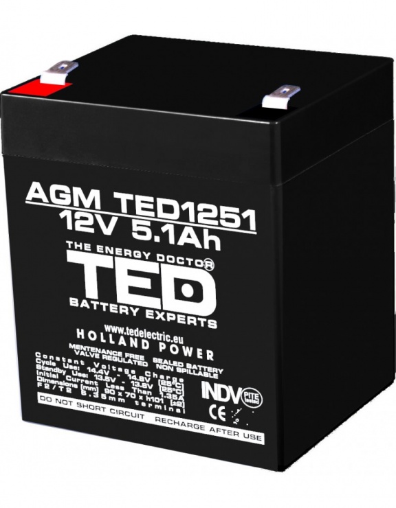Acumulator pentru UPS AGM VRLA 12V 5.1A, TED1251 imagine noua
