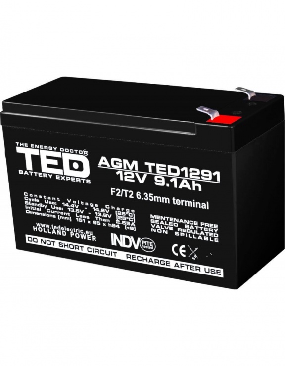 Acumulator pentru UPS AGM VRLA 12V 9.1A, TED1291 conectica.ro