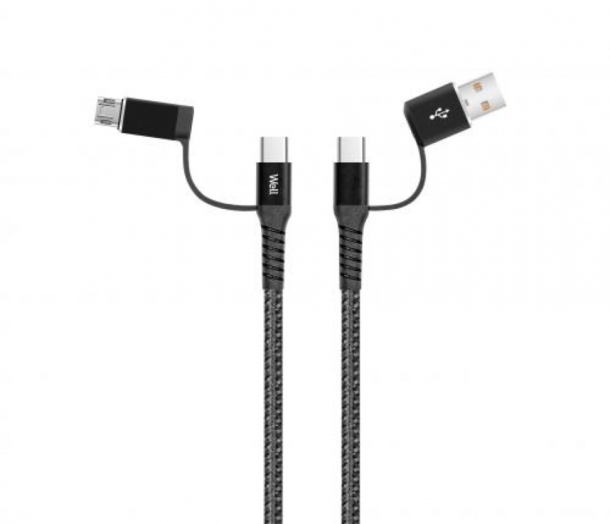 Cablu de incarcare si date 4 in 1 USB 2.0 Negru 1m, CABLE-USBC/USBC/U-1GY02-WL 1m imagine noua 2022