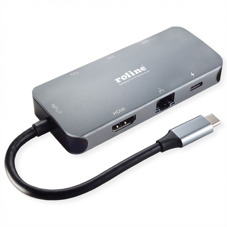 Docking station USB 3.2 Gen2 Type C la HDMI 4K30Hz/2x USB 3.2-A/1x USB Type C PD 100W/Gigabit LAN, Roline 12.02.1121 100W/Gigabit imagine noua tecomm.ro